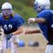 Lincoln senior Bryton Boyle eyes a teammate during a practice at the school on Thursday. Melanie Maxwell I AnnArbor.com